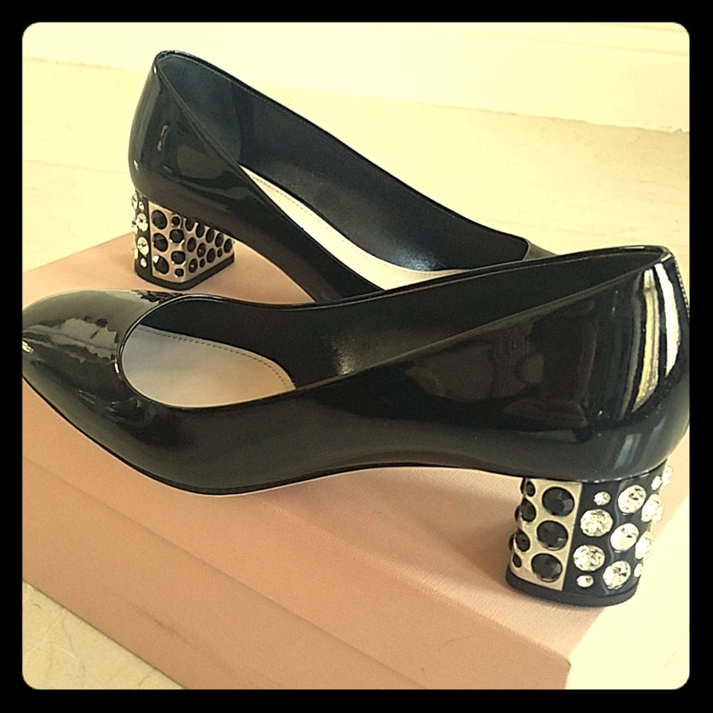 Miu Miu jewel crystal heel black patent shoes 36